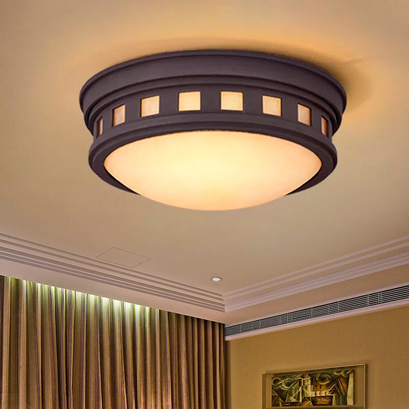 Drum Ceiling Flush Light Rustic Style Metal and Opal Glass Bronze/Gold Outdoor Flush Mount Light for Porch
