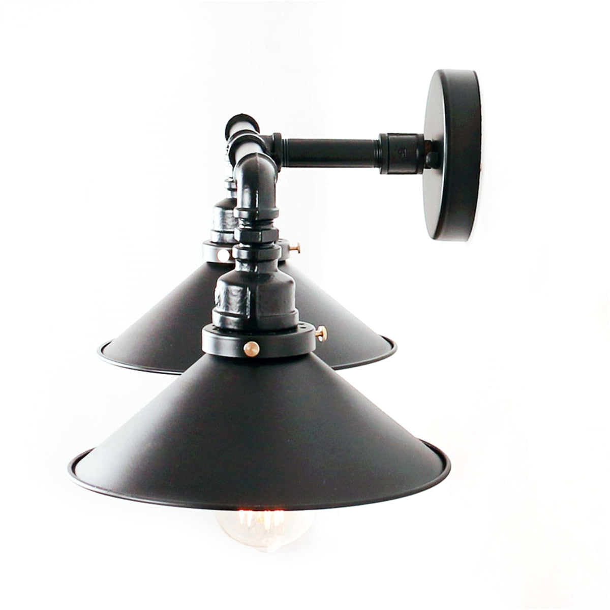 Black Cone Wall Lighting Industrial Metal 2 Lights Living Room Sconce Lamp with Round Backplate