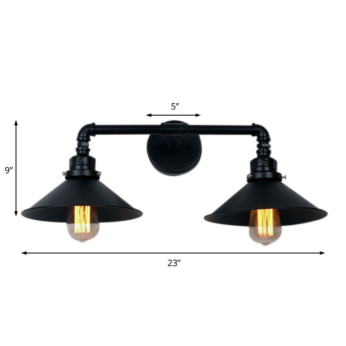 Black Cone Wall Lighting Industrial Metal 2 Lights Living Room Sconce Lamp with Round Backplate
