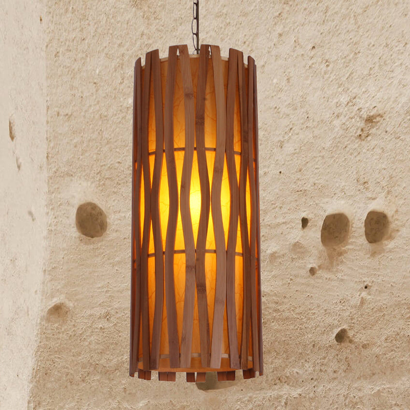 Asian Style Cylinder Ceiling Suspension Lamp Wooden Single Bulb Restaurant Hanging Light in Khaki