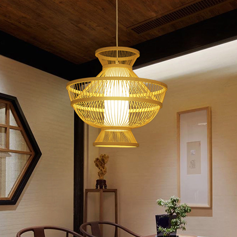 Beige Hot Pot Shaped Suspension Pendant Asian Style Single Bulb Bamboo Ceiling Lamp for Restaurant