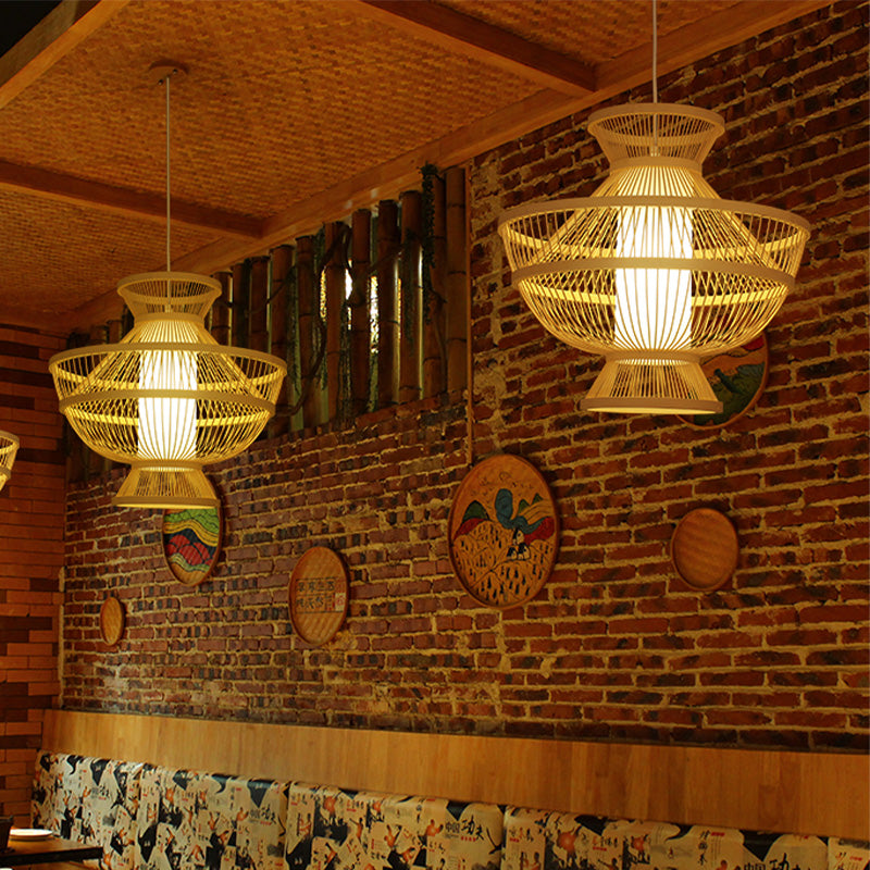 Beige Hot Pot Shaped Suspension Pendant Asian Style Single Bulb Bamboo Ceiling Lamp for Restaurant