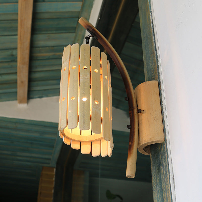 1-Head Corridor Wall Sconce Light Fixture Asian Style Beige Curved Arm Wall Mounted Lamp with Cylinder Wood Shade