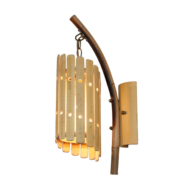 1-Head Corridor Wall Sconce Light Fixture Asian Style Beige Curved Arm Wall Mounted Lamp with Cylinder Wood Shade