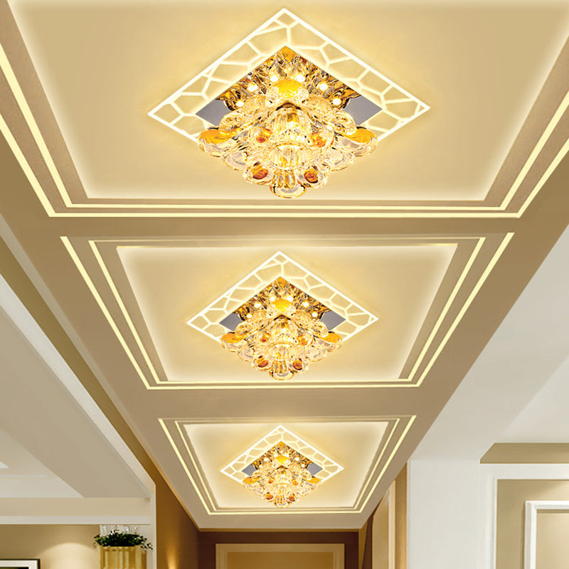 Patchwork Square Acrylic Flush Light Modernism Hallway LED Ceiling Lamp with Crystal Flower Shade