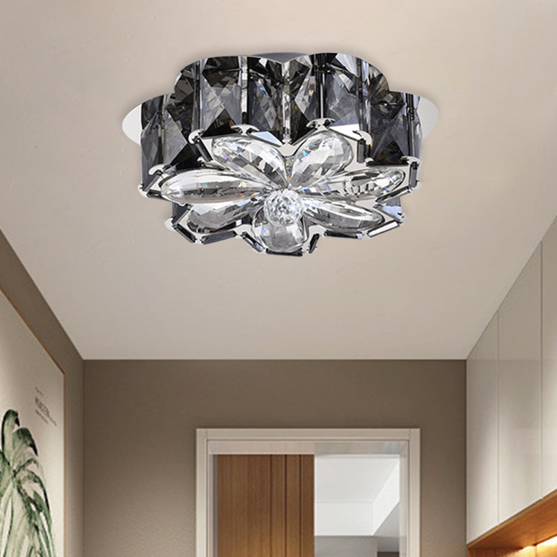 LED Flush Mounted Ceiling Light Minimalist Foyer Flushmount with Flower Smoke/Amber Crystal Shade