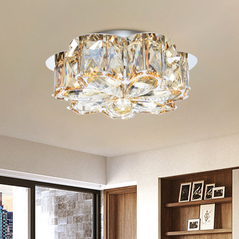 LED Flush Mounted Ceiling Light Minimalist Foyer Flushmount with Flower Smoke/Amber Crystal Shade
