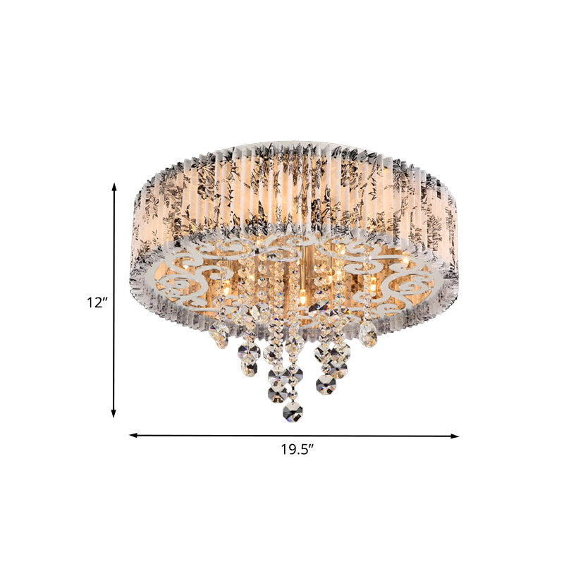 Modernist Circle Flush Ceiling Light 5 Bulbs Pleated Patterned Fabric Flushmount in White with Crystal Draping