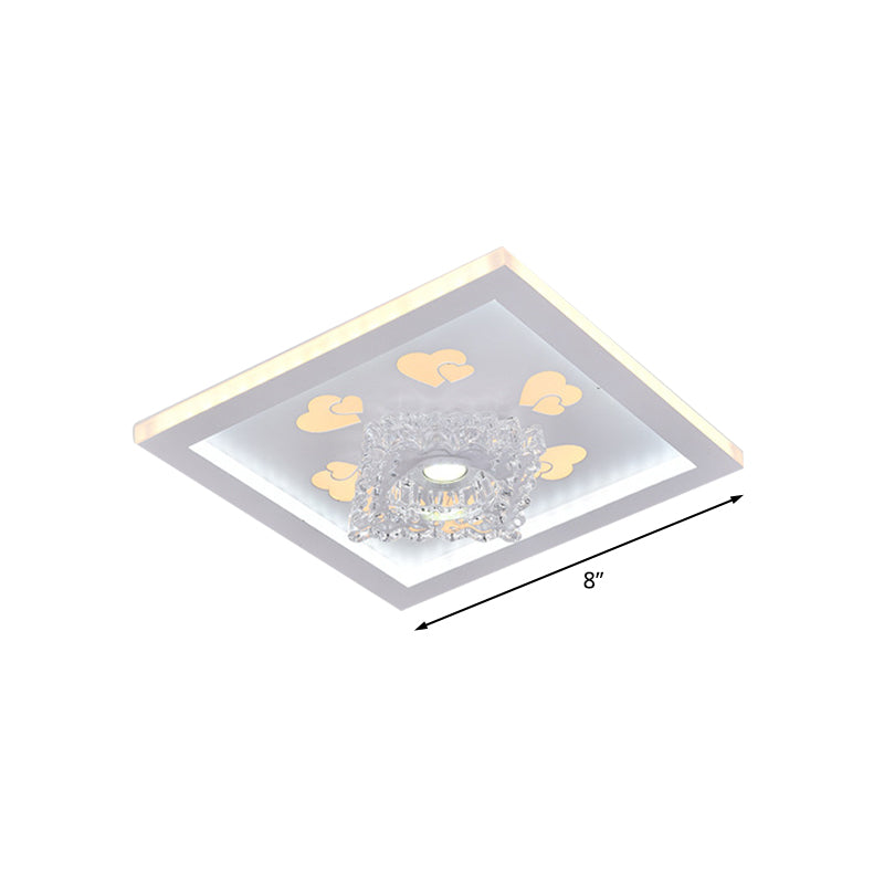 White Heart Pattern Rectangle Flush Mount Modernist Acrylic Bedroom LED Ceiling Lighting with Crystal Accent