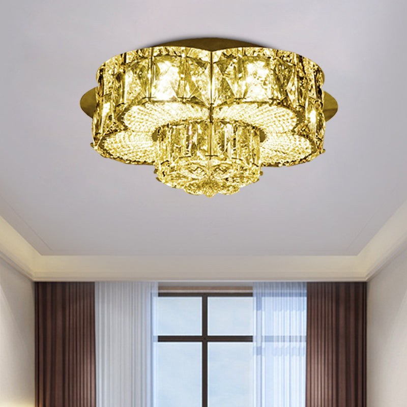 Gold LED Flush Mount Ceiling Fixture Minimalism Beveled Crystal 2-Tier Flower Flushmount Light