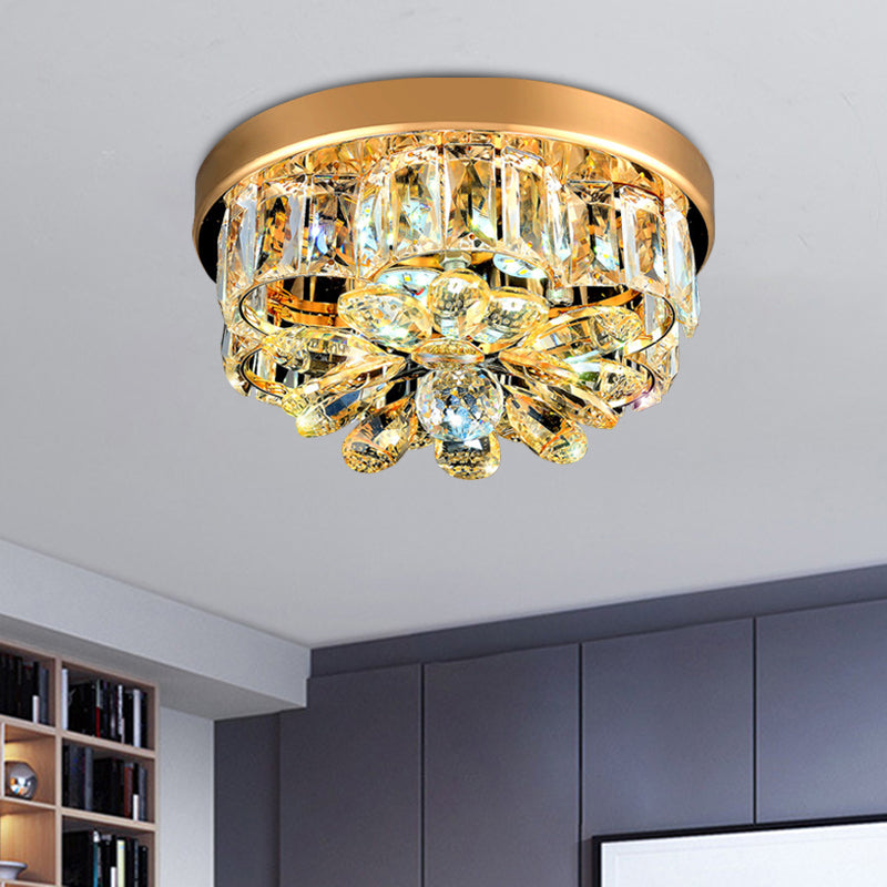Small Flower LED Ceiling Flush Light Modern Style Gold Beveled-Cut Crystal Flush Mount Fixture