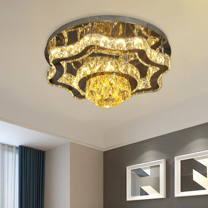 Crystal Polished Chrome Semi Flush Tiered Scallop Modern LED Close to Ceiling Lighting with Rectangle/Round Canopy