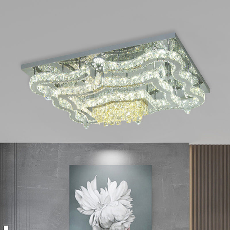 Crystal Polished Chrome Semi Flush Tiered Scallop Modern LED Close to Ceiling Lighting with Rectangle/Round Canopy