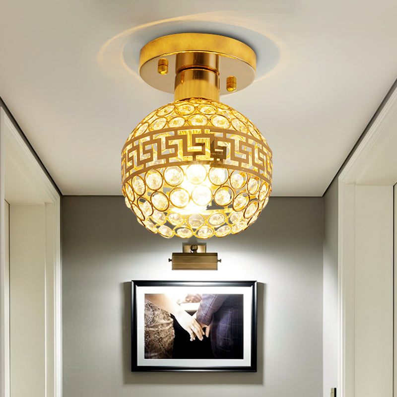 Inlaid Crystal Gold Semi Mount Lighting Oriental Trim Detailing Dome 1 Head Vintage Ceiling Lamp