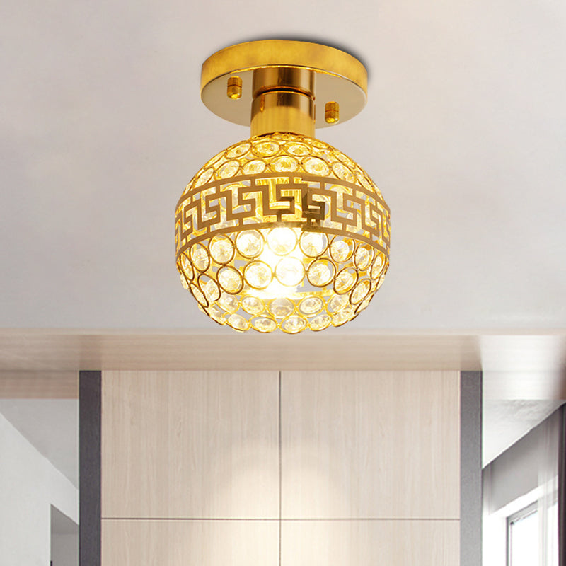 Inlaid Crystal Gold Semi Mount Lighting Oriental Trim Detailing Dome 1 Head Vintage Ceiling Lamp