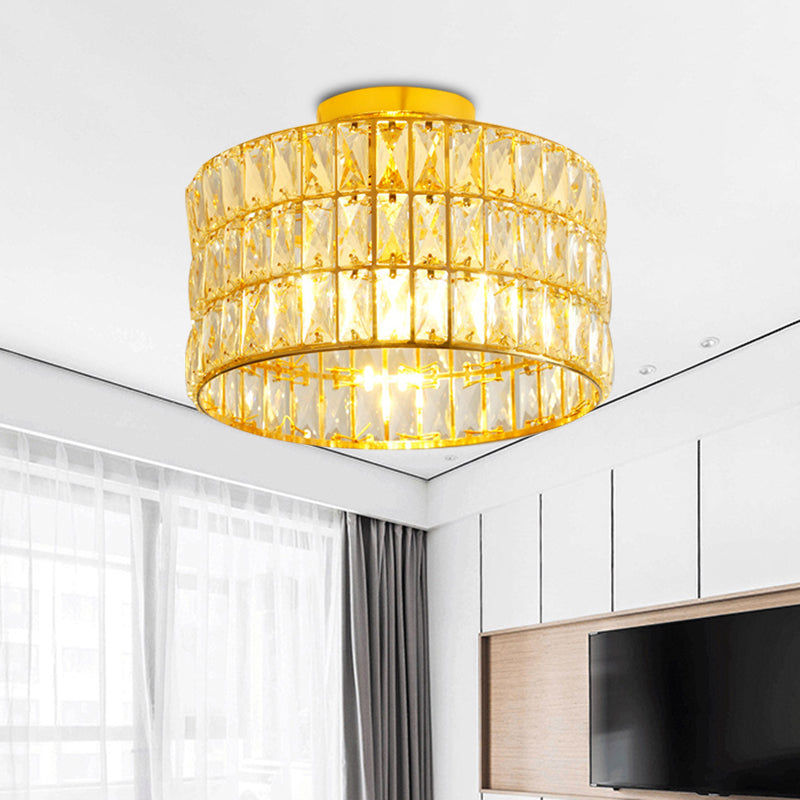 Luce del soffitto semifulgo semplice a tamburo 3 lampadine cristalli smussati inseriti dispositivo montato a filo in oro