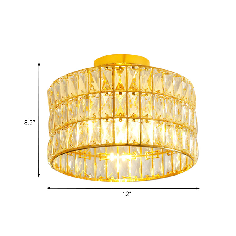 Luce del soffitto semifulgo semplice a tamburo 3 lampadine cristalli smussati inseriti dispositivo montato a filo in oro