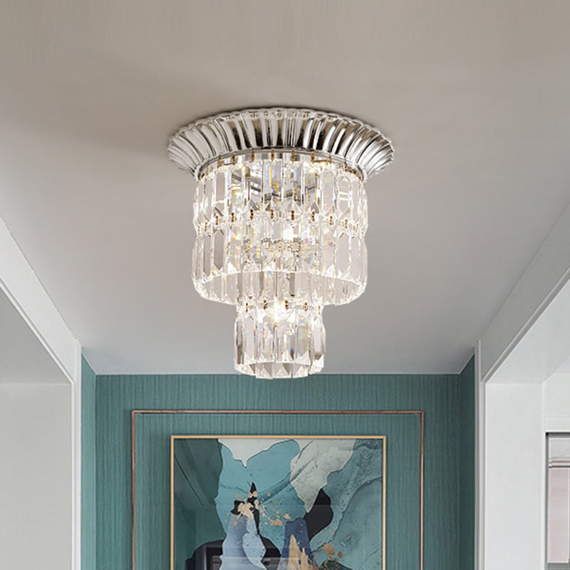 Chrome/Gold LED Flushmount Lamp Modernist Crystal Dual Shade Cylindrical Flush Mount Ceiling Fixture