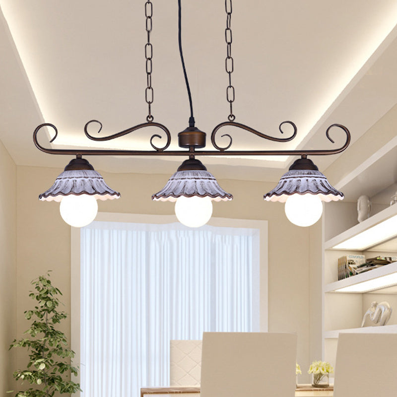 3-Light Twisting Island Pendant Lamp Korea Style Coffee Metal Hanging Light with Scalloped Bell Ceramics Shade