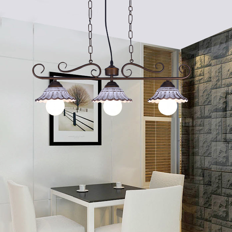 3-Light Twisting Island Pendant Lamp Korea Style Coffee Metal Hanging Light with Scalloped Bell Ceramics Shade
