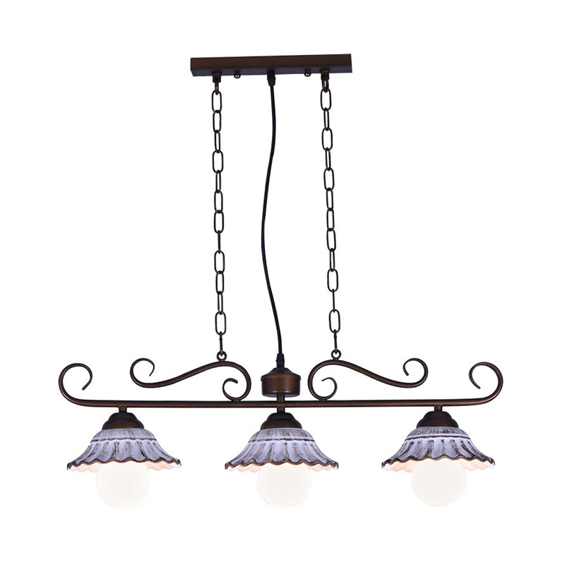 3-Light Twisting Island Pendant Lamp Korea Style Coffee Metal Hanging Light with Scalloped Bell Ceramics Shade