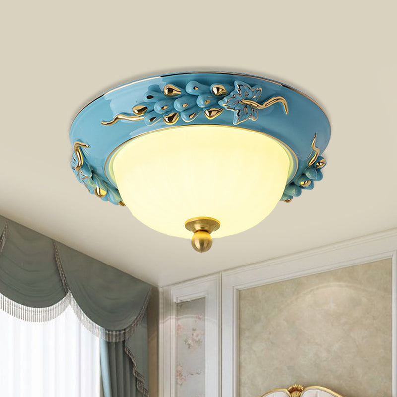 12"/14" Wide LED Dome Ceiling Mounted Light Farmhouse Yellow/Blue Frosted Glass Flush Lamp with Grape Ceramics Deco