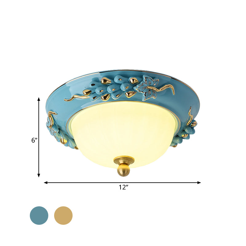 12"/14" Wide LED Dome Ceiling Mounted Light Farmhouse Yellow/Blue Frosted Glass Flush Lamp with Grape Ceramics Deco