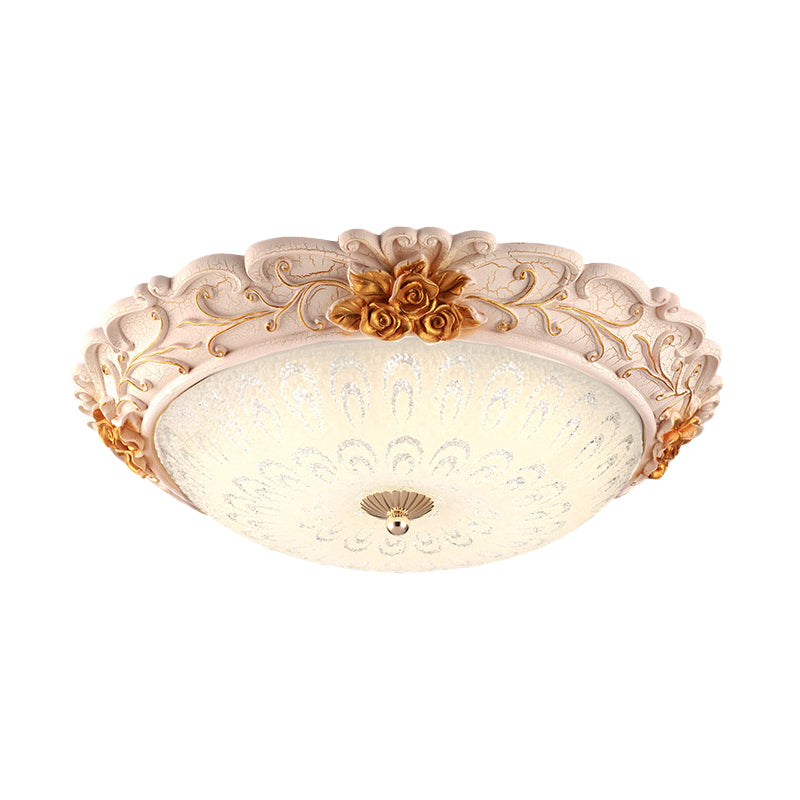Gold LED Flush Mounted Light Country Style Korea Seeded Glass Carved Flower Flush Lamp, 12"/16" Wide