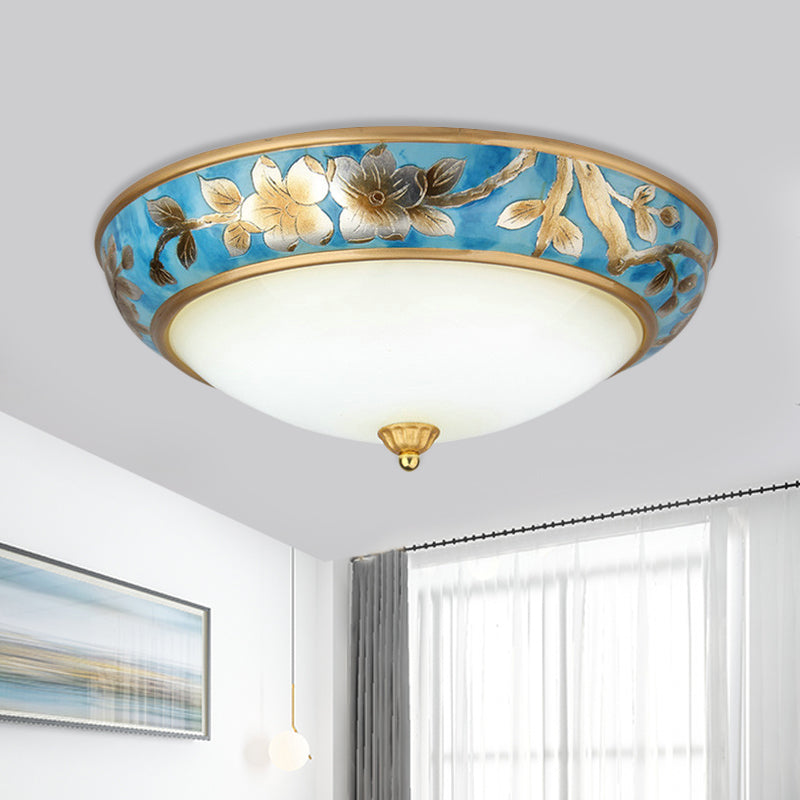 Blue 3/4 Bulbs Ceiling Flush Korea Countryside Frosted Glass Dome Flush Mounted Light with Flower Pattern, 16"/19.5" W