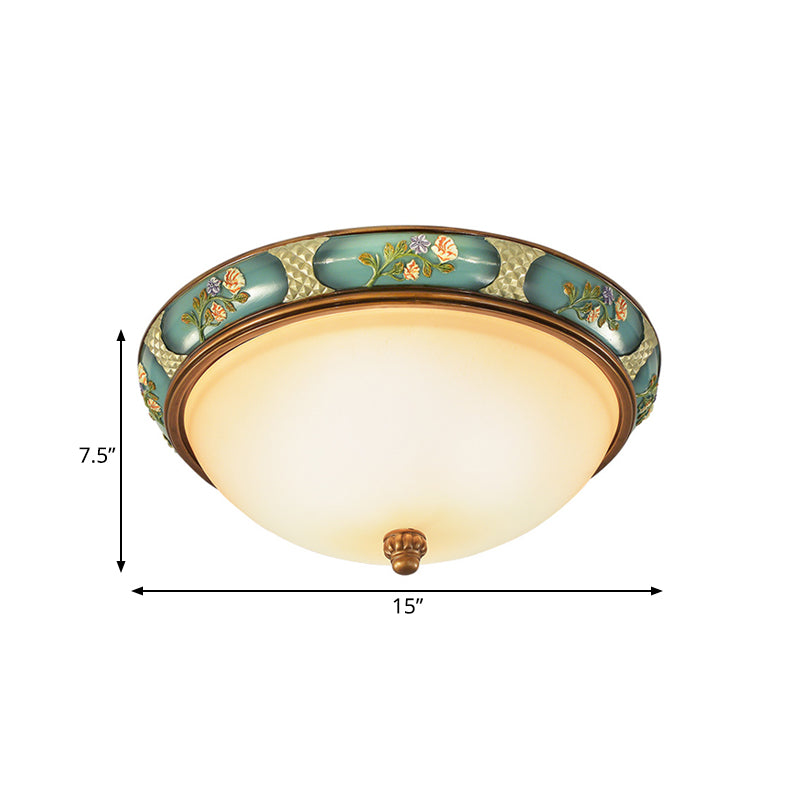 3-Head Ceiling Mounted Light Vintage Bedroom Flushmount Lamp with Dome Frosted Glass Shade in Blue-Green, 15"/19" W