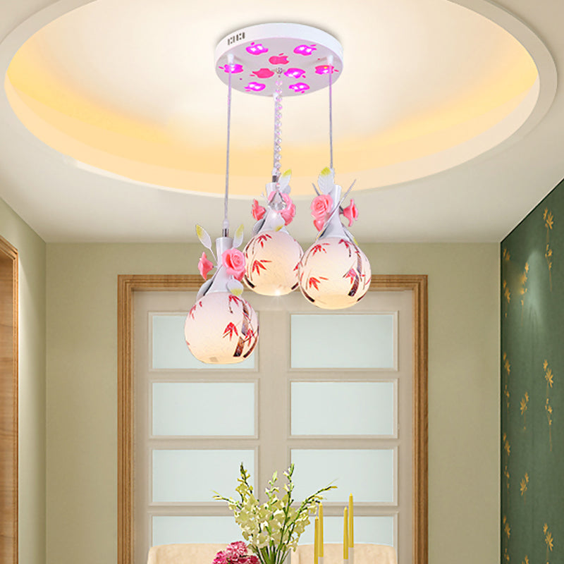 Vase Shape White Glass Multi-Pendant Light Modernist 3 Bulbs Dining Room Hanging Lamp with Pink Floral Deco
