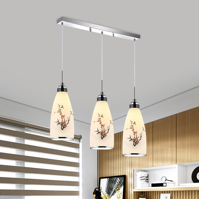 3-Light Drop Pendant Minimalist Oblong White Printing Glass Multiple Hanging Lamp with Round/Linear Canopy