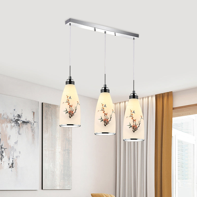 3-Light Drop Pendant Minimalist Oblong White Printing Glass Multiple Hanging Lamp with Round/Linear Canopy