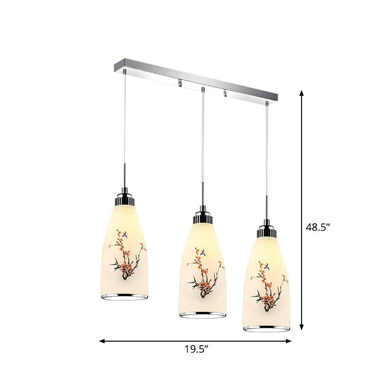 3-Light Drop Pendant Minimalist Oblong White Printing Glass Multiple Hanging Lamp with Round/Linear Canopy