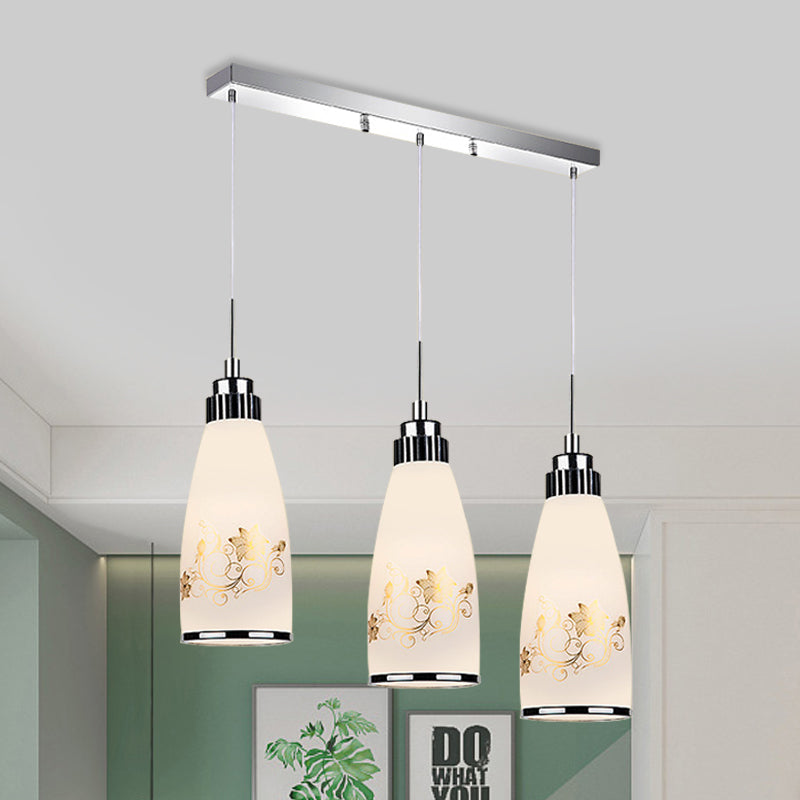 3-Light Drop Pendant Minimalist Oblong White Printing Glass Multiple Hanging Lamp with Round/Linear Canopy