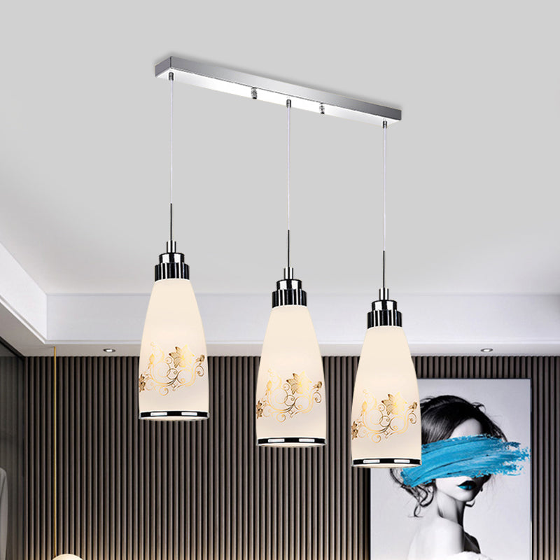 3-Light Drop Pendant Minimalist Oblong White Printing Glass Multiple Hanging Lamp with Round/Linear Canopy