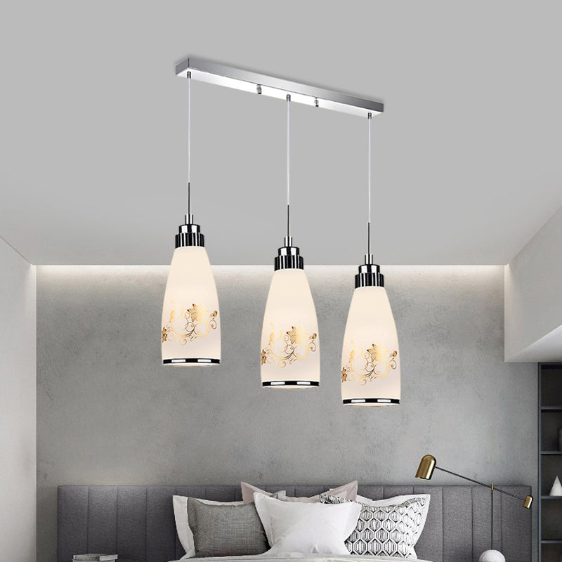 3-Light Drop Pendant Minimalist Oblong White Printing Glass Multiple Hanging Lamp with Round/Linear Canopy