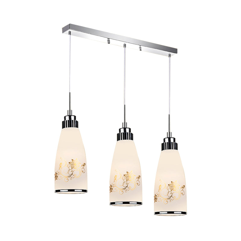 3-Light Drop Pendant Minimalist Oblong White Printing Glass Multiple Hanging Lamp with Round/Linear Canopy