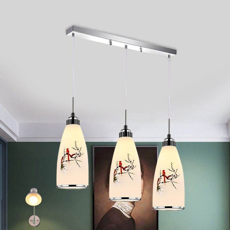 3-Light Drop Pendant Minimalist Oblong White Printing Glass Multiple Hanging Lamp with Round/Linear Canopy
