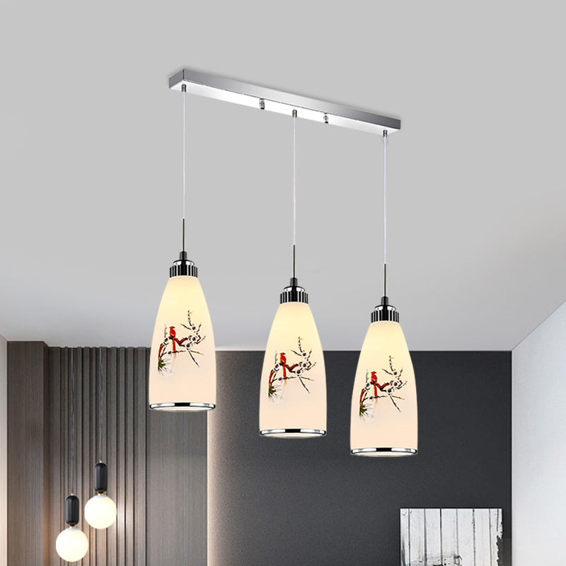 3-Light Drop Pendant Minimalist Oblong White Printing Glass Multiple Hanging Lamp with Round/Linear Canopy