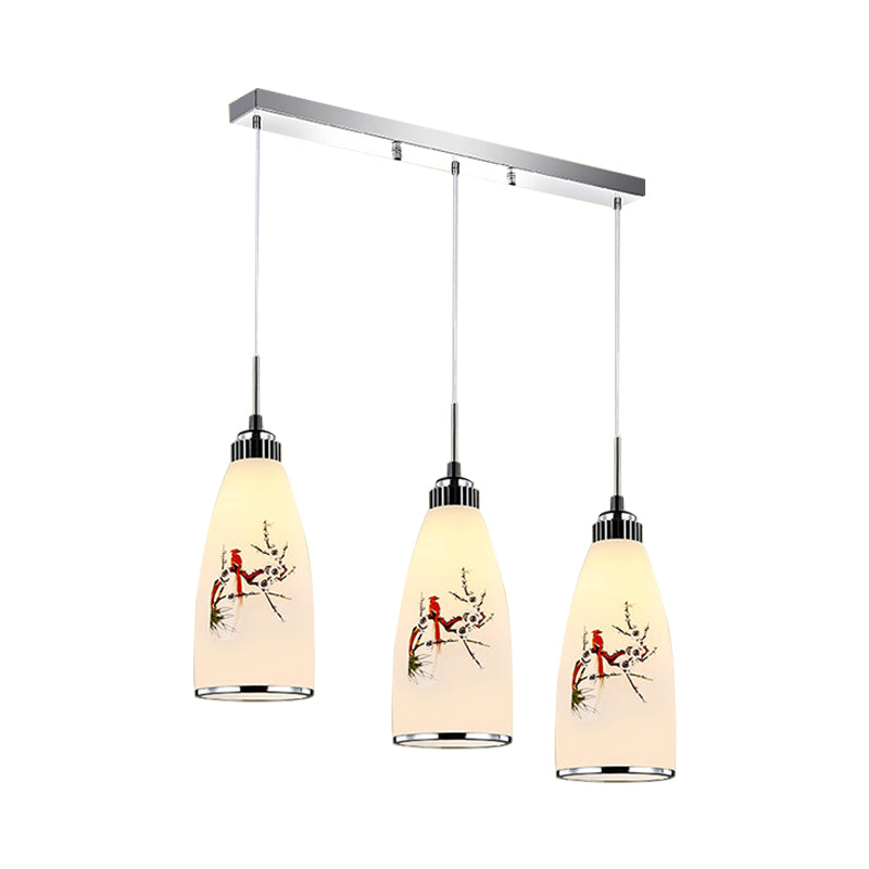 3-Light Drop Pendant Minimalist Oblong White Printing Glass Multiple Hanging Lamp with Round/Linear Canopy