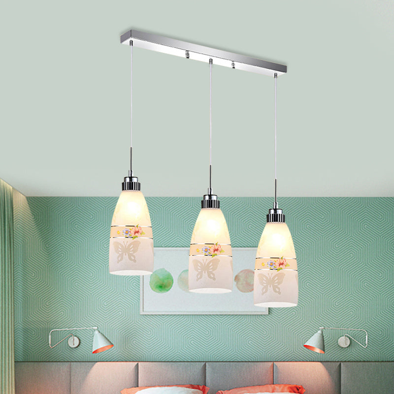 3-Light Drop Pendant Minimalist Oblong White Printing Glass Multiple Hanging Lamp with Round/Linear Canopy