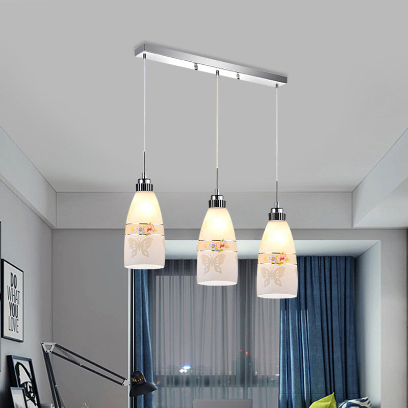 3-Light Drop Pendant Minimalist Oblong White Printing Glass Multiple Hanging Lamp with Round/Linear Canopy