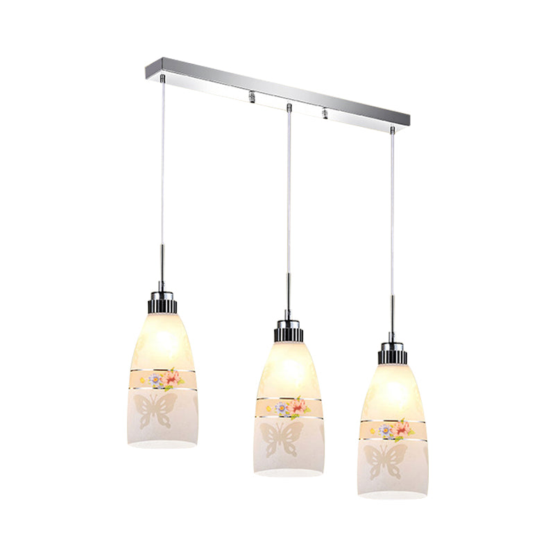 3-Light Drop Pendant Minimalist Oblong White Printing Glass Multiple Hanging Lamp with Round/Linear Canopy