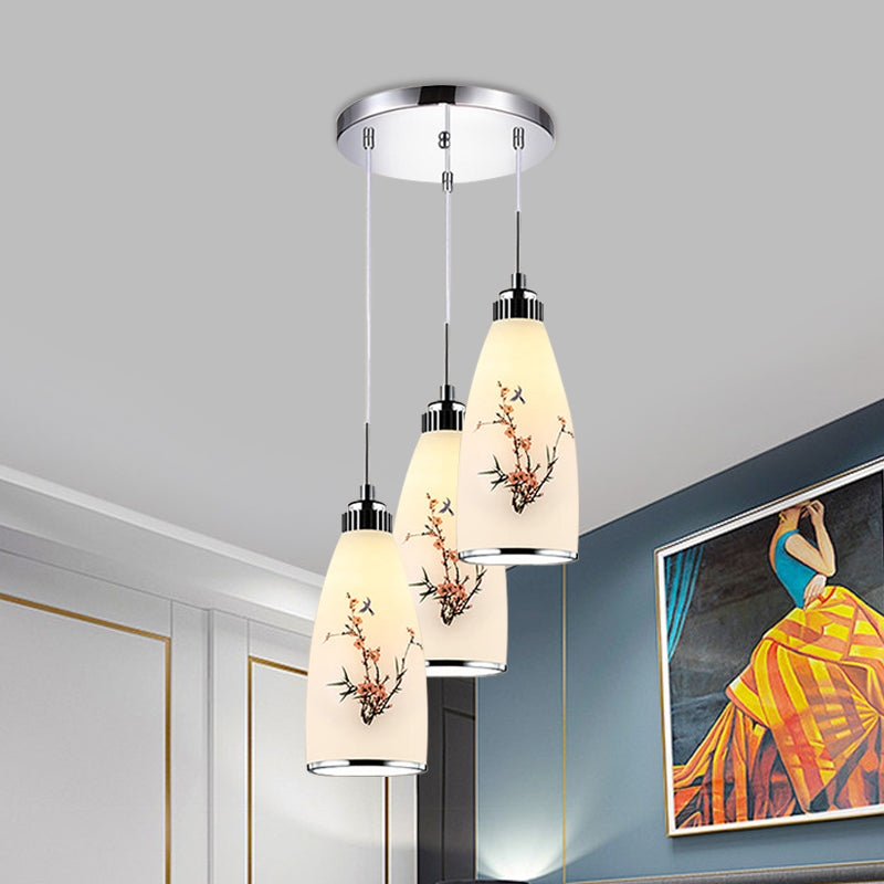 3-Light Drop Pendant Minimalist Oblong White Printing Glass Multiple Hanging Lamp with Round/Linear Canopy