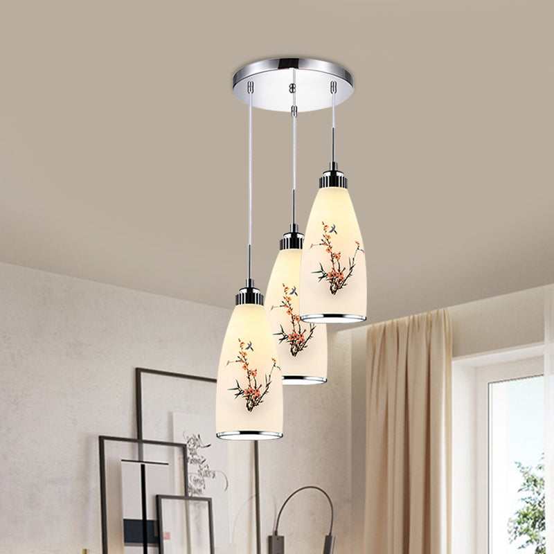 3-Light Drop Pendant Minimalist Oblong White Printing Glass Multiple Hanging Lamp with Round/Linear Canopy