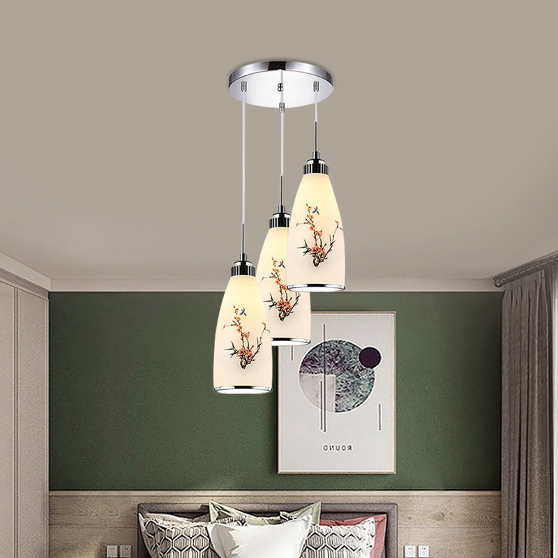 3-Light Drop Pendant Minimalist Oblong White Printing Glass Multiple Hanging Lamp with Round/Linear Canopy