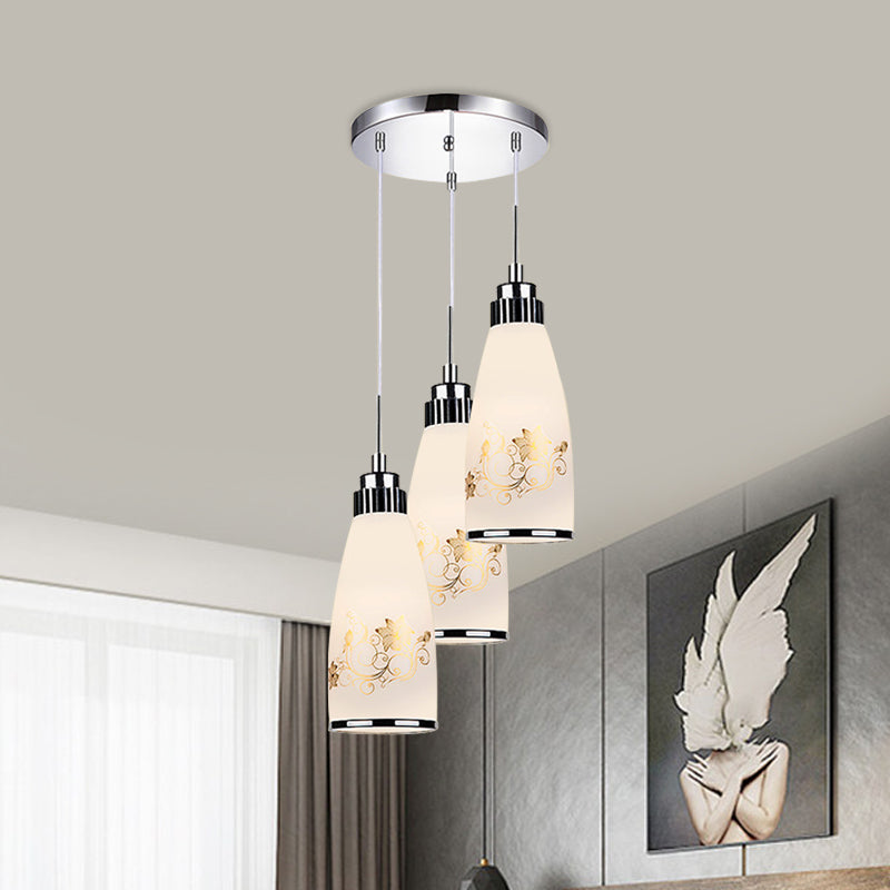 3-Light Drop Pendant Minimalist Oblong White Printing Glass Multiple Hanging Lamp with Round/Linear Canopy