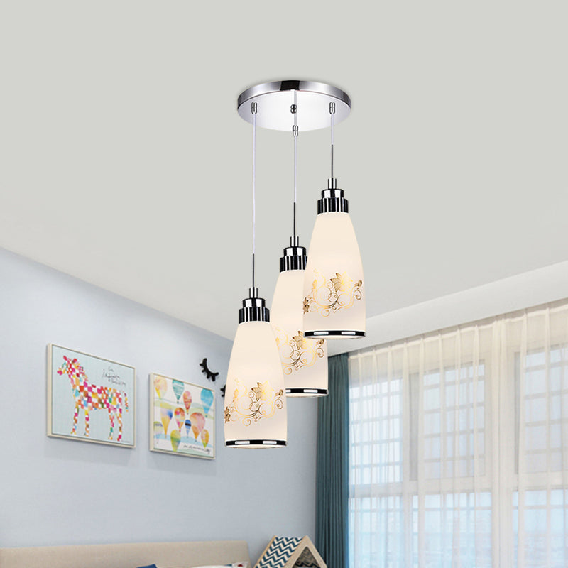 3-Light Drop Pendant Minimalist Oblong White Printing Glass Multiple Hanging Lamp with Round/Linear Canopy