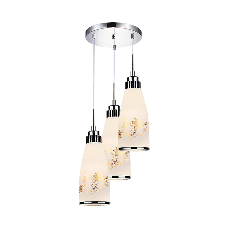 3-Light Drop Pendant Minimalist Oblong White Printing Glass Multiple Hanging Lamp with Round/Linear Canopy